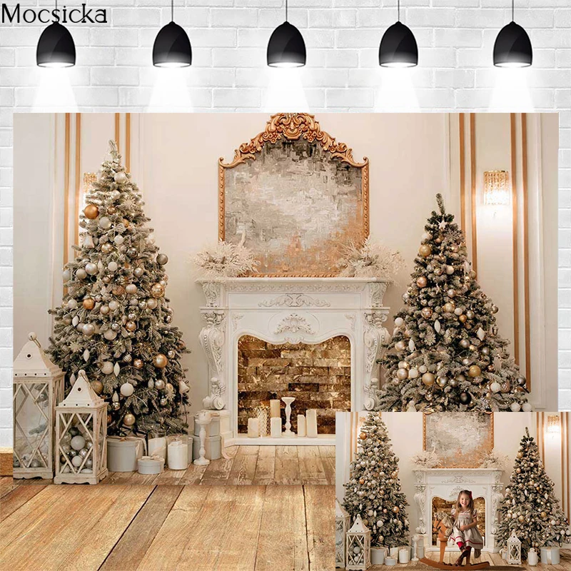

Mocsicka Winter Christmas Fireplace Background Gifts Christmas Tree Home Party Studio Xmas Photography Banner Supplies