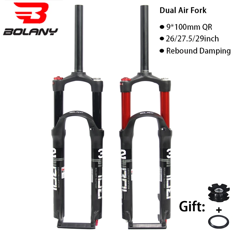 

BOLANY MTB Bike Fork Dual Air Red Bicycle Front Suspension Straight Tube 26/27.5/29inch mtb fork Magnesium Alloy Quick Release