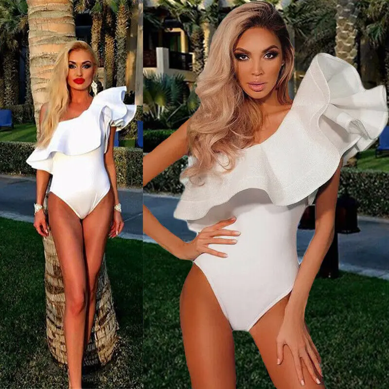 

Women's Bikini Ruffled Bodysuit Jumpsuit Lady Tops Romper Swimwear One Shoulder Lotus Sleeve White Black Beach Bikini