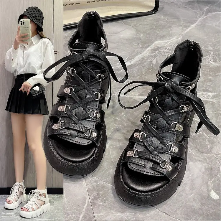 2023 Heightened Shoes Women Thick Soled Shoes Motorcycle Fish Mouth Sandals Comfortable High Heels High Top Hollowed Out Sandals