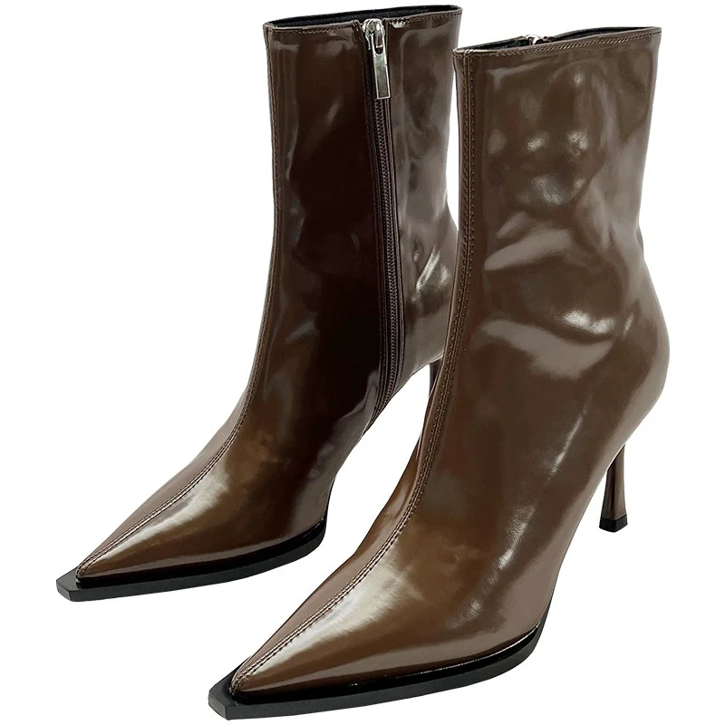 Кожаные женские ботильоны с острым носком модная обувь Sezy на высоком каблуке
