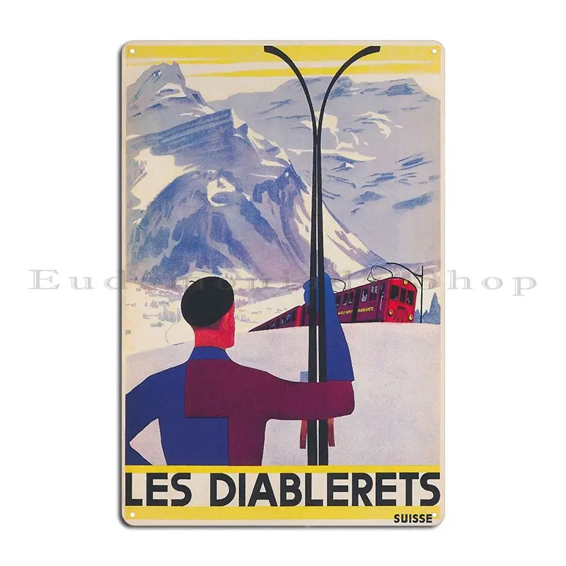 Les Diablerets Швейцария Винтажный лыжный постер Металлическая табличка Плакат