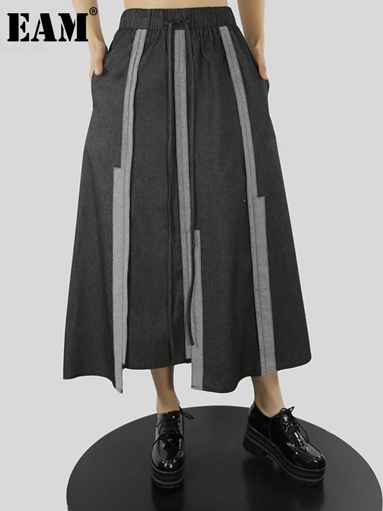 

[EAM] High Elastic Waist Denim Dark Gray Long Asymmetrical Half-body Skirt Women Fashion Tide New Spring Autumn 2022 1DE6082