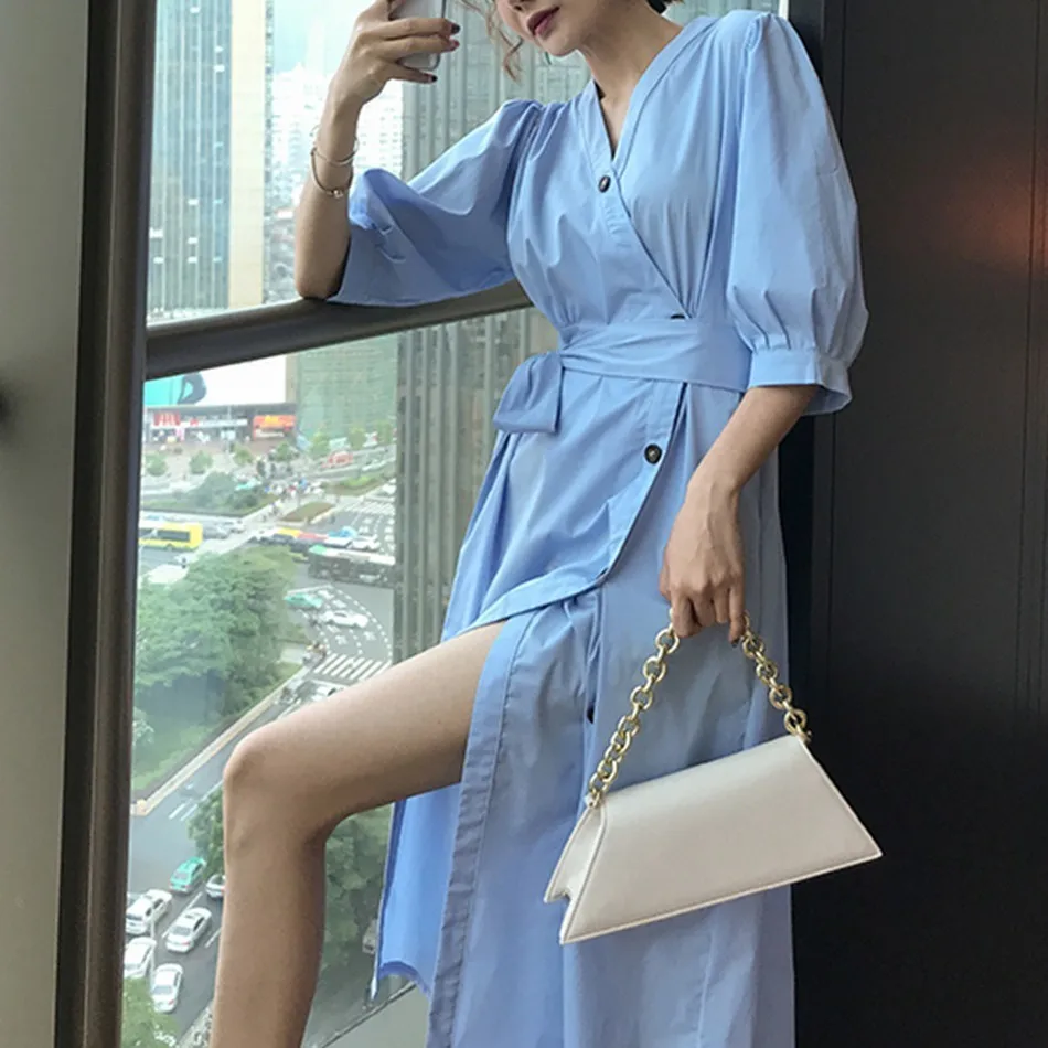 

Korean Fashion Cotton Dress 2023 Spring Summer Elegant French Temperament Retro V-neck Bandage Puff Sleeve Dresses Blue gothic
