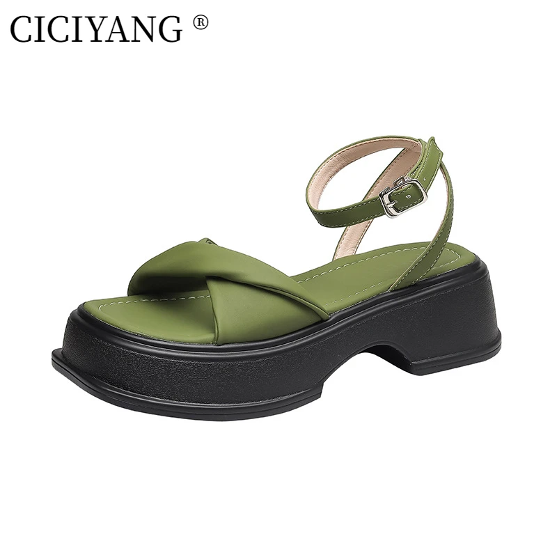 CICIYANG Ladies Ankle Strap Flatform Sandals Women2023 Platform Gladiator Muffin Sandals Open Toe Footwear Summer Black Leather