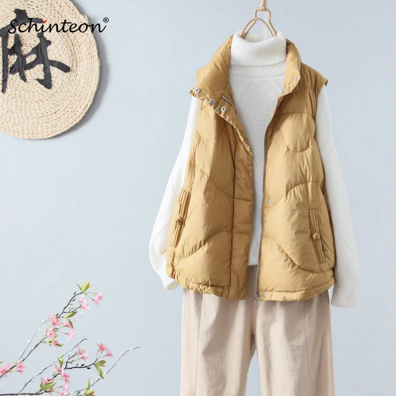 

Schinteon женский белый жилет на утином пуху без рукавов, светильник, пуховик, жилет с воротником-стойкой, теплый осенне-зимний топ