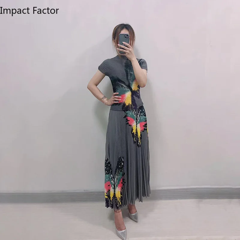 

2023 Miyake Fold Spring New Fashion Foreign Style Jacket+Skirt Set Leisure And Elegant Temperament Two-piece Set