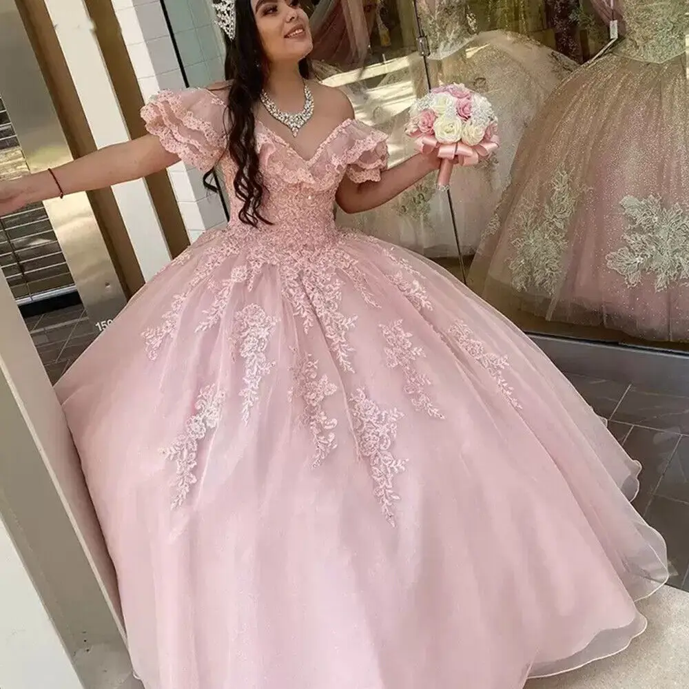 

ANGELSBRIDEP Exquisite Pink Quinceanera Dresses Lace Applique Birthday Party Ball Gown Princess Sweet Glitter Vestido De 15 Años