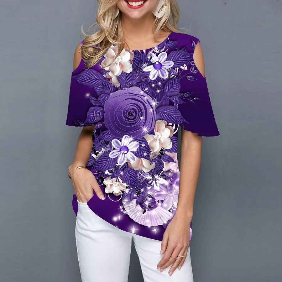 

Женская летняя футболка с открытыми плечами, круглым вырезом и коротким рукавом, модный джемпер с 3D цветочным принтом, Повседневная Уличная трендовая одежда, Топ