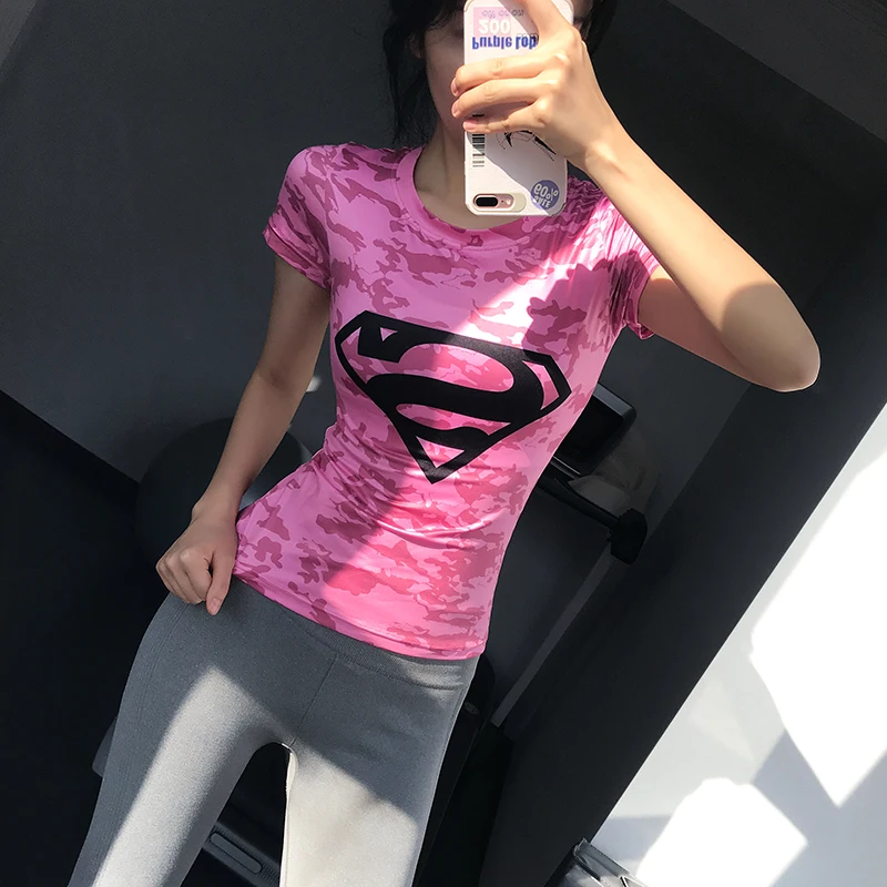 

2022 New Women t-shirt Gym Dry Fit Rashguard Fitness Superman Clothing Bodybuilding Tights Sportswear Compression Sports Shirt