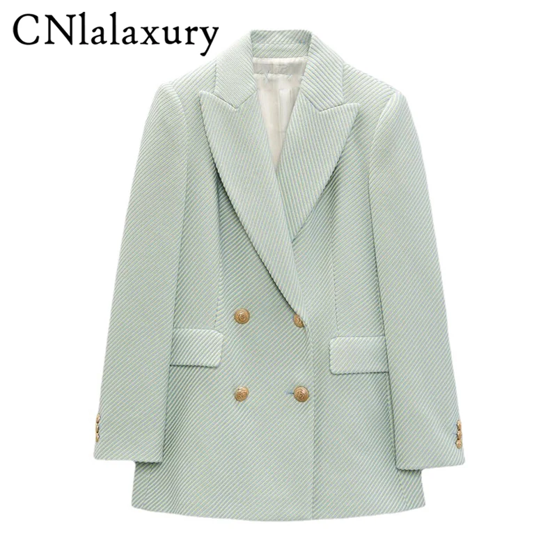 

CNlalaxury 2022 Women Jacket Texture Double Breasted Blazer Notched Coat Office Wear Long Sleeve Pocket Elegant Chic Outwear