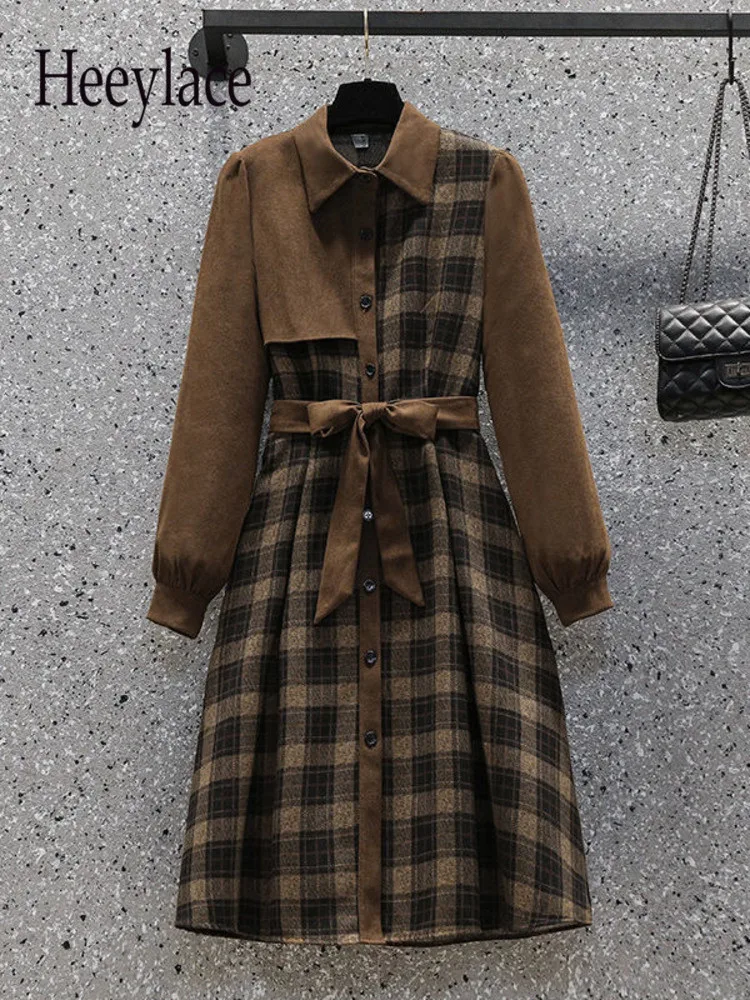 

Plus Size Women Plaid Patchwork Vintage Dresses For Women Spring Long Sleeve Polo Collar High Waist A-line Vestidos De Fiesta