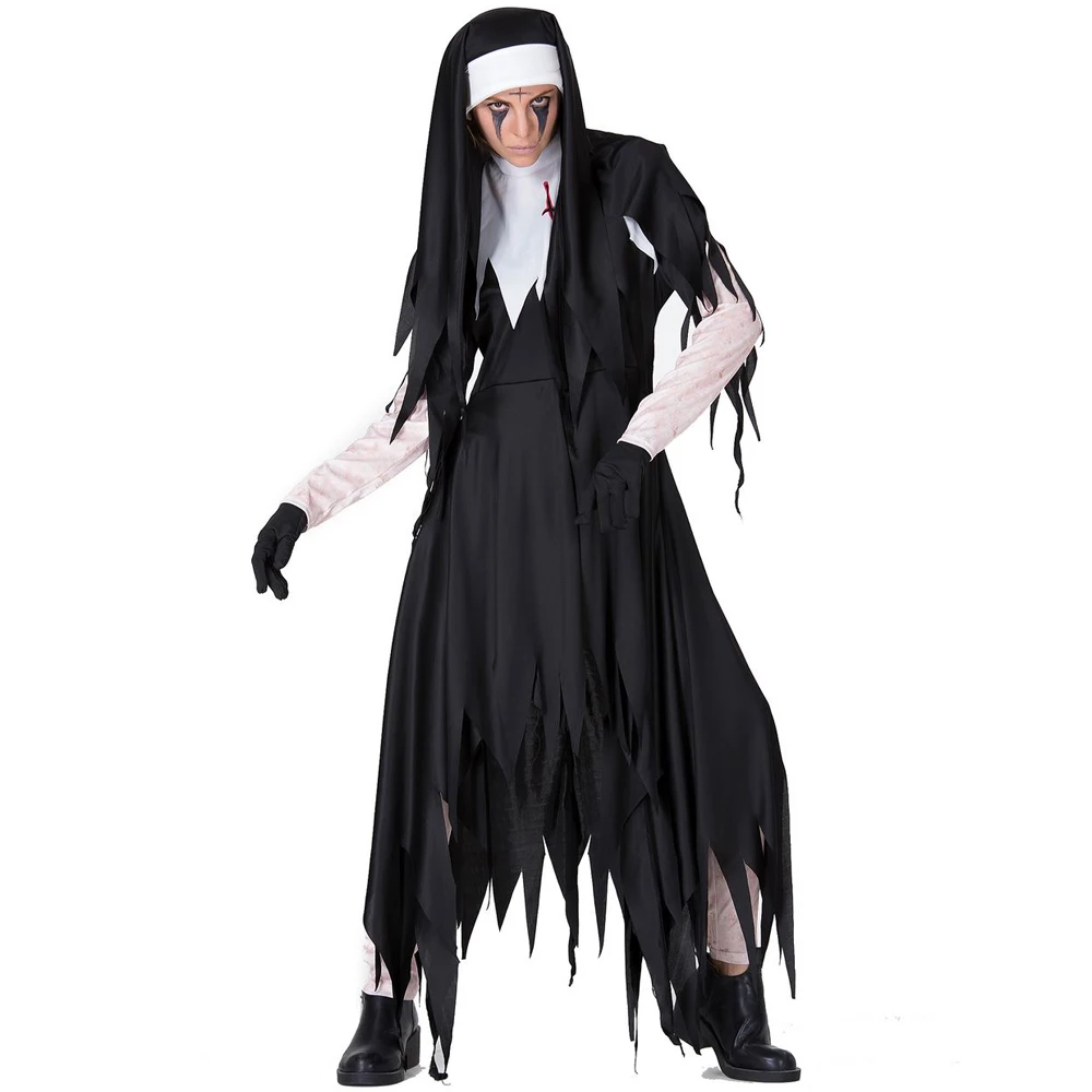 Halloween Party Costume Black Women Sexy Nun Costume Arabic Religion Monk Ghost Uniform Irregular Dress