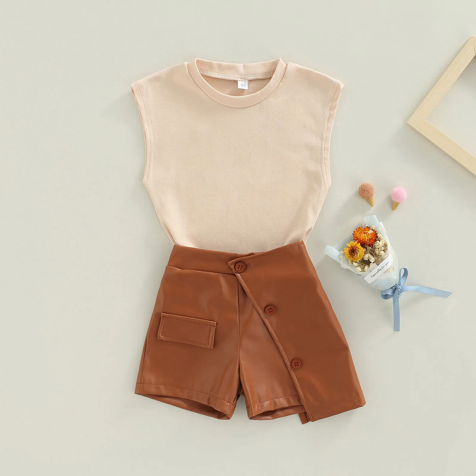 

Girl's Two-Piece Suit Toddler Kid Girl Sleeveless Round Neck Tank Tops + Patchwork Skirt Style Shorts