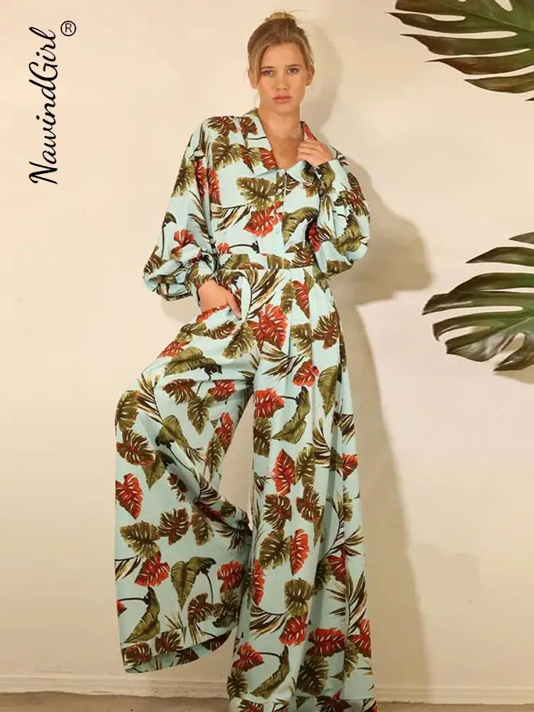 

Lapel Printed Shirt Pants Sets Women 2023 Spring Long Sleeve Tops Loose Wide Leg Pant 2 Piece Set Female Casual Vacation Suit