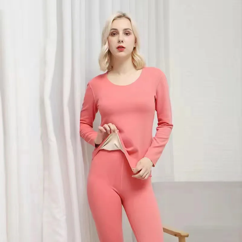 Women Double-sided Velvet Warm Pajamas Suit Thickened V-neck Underwear Winter Warm Fitting Stretch Long Sleeved Thermal Pajamas