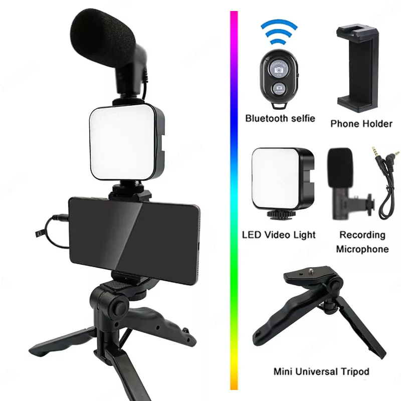 Iluminação de fotografia de suporte de telefone smartphone kit de vídeo microfone led selfie tripé alça de gravação suporte estabilizador portátil