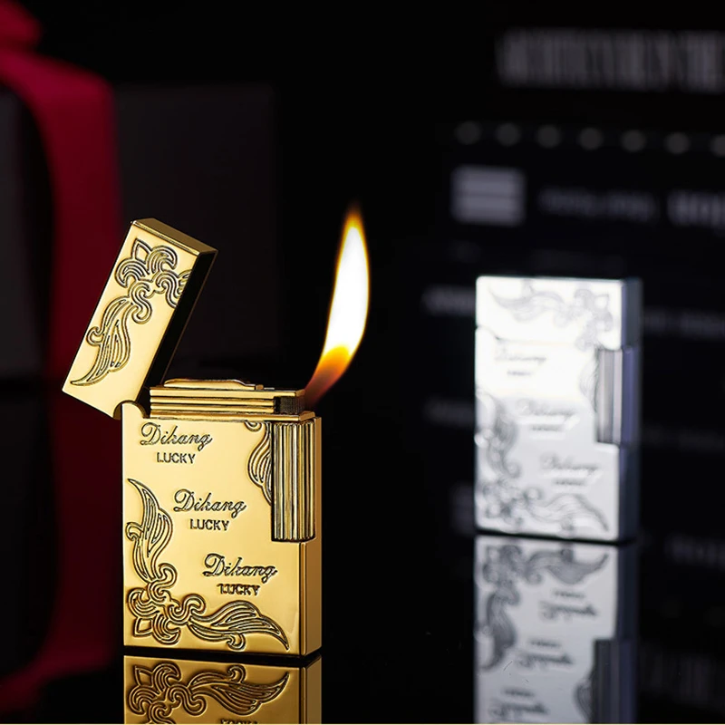 

Steel Tone Side Sliding Grinding Wheel Inflatable Oblique Fire Windproof Lighter Classic Retro Engraving Pattern Lighter