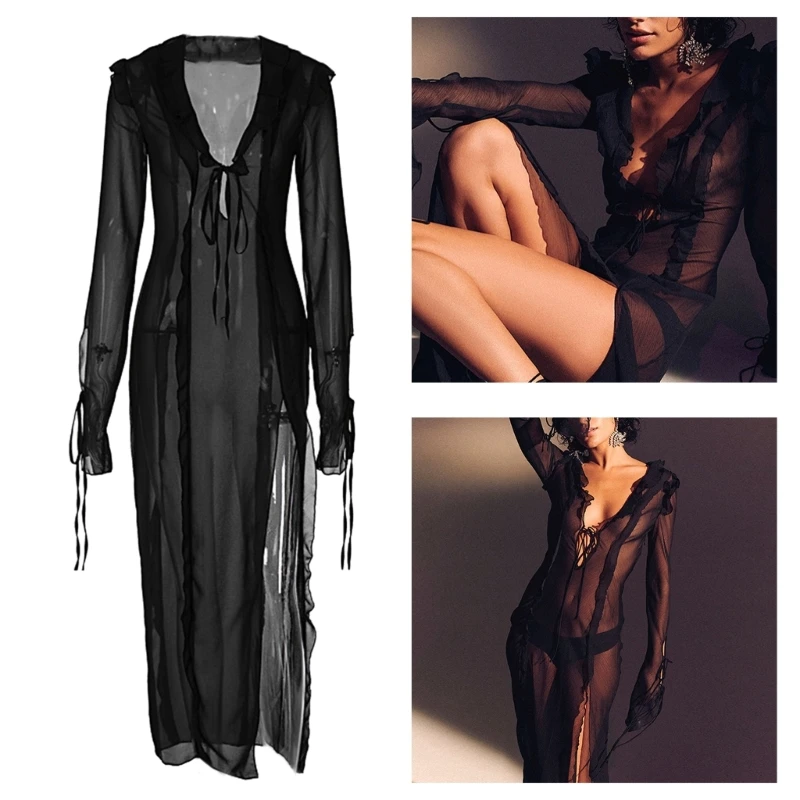 

Women Summer Long Beach Swimming Dress Y2k Sexy See-Through Sheer Mesh Maxi Dress Aesthetic Side Split Bikinis Cover-ups