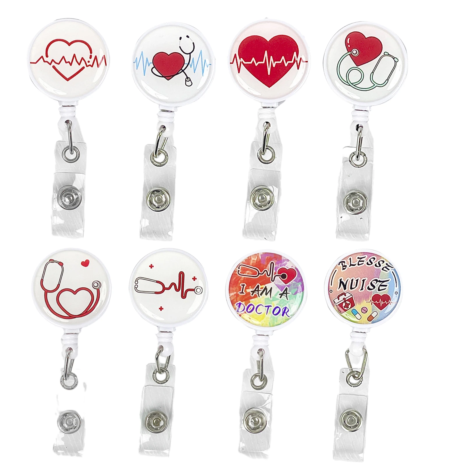 

8pcs Nurse Badge Holder Alligator Clip Various Patterns Christmas Gift Volunteers Student Retractable Reel Nylon Rope School
