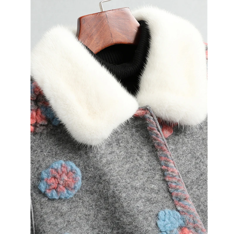 Winter Clothes Famale Long Casual Sheep Shearing Real Fur Coat Women Mink Fur Collar Fashion 3D Print Floral Jacket Parkas Top