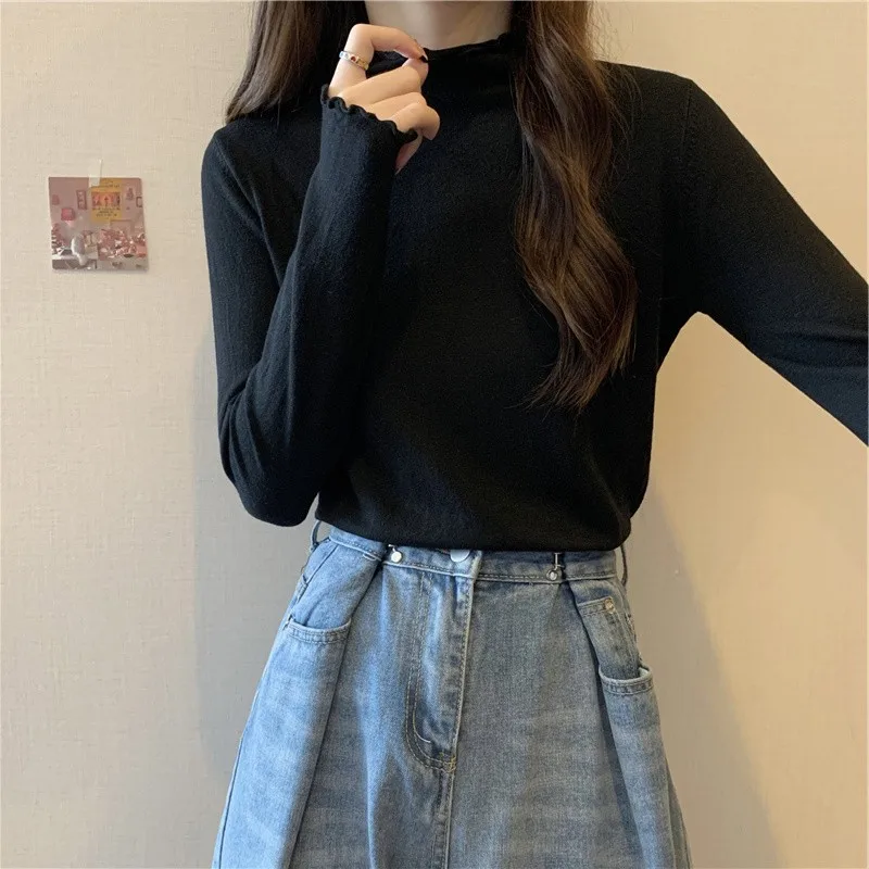 Half-high Collar Dralon Knitted Bottoming Shirt Inner wear Women Autumn and Winter Design Sense Shoulder Long sleeves W...