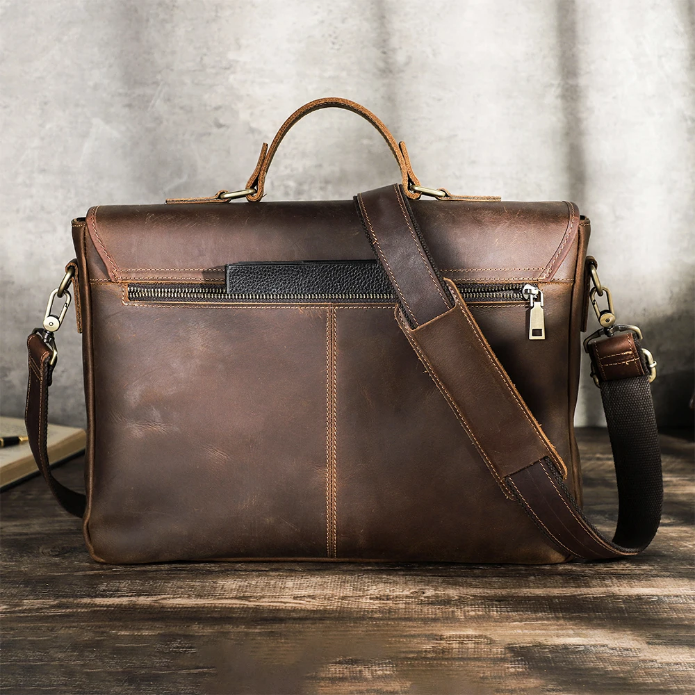 Vintage Genuine Crazy Horse Leather Briefcase Crossbody Messenger Bag for Men 14