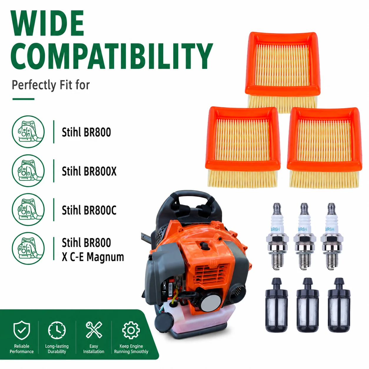 Фото Набор из 3 предметов для обслуживания воздуходувок Stihl BR800, BR800X, BR800C: воздушный фильтр, топливный фильтр, свеча зажигания. Заменяет 4283 141 0300. №1