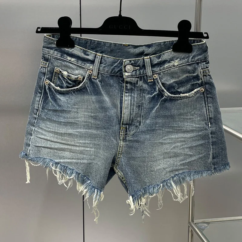 

2022 Summer Denim Shorts Women Vintage Slim Washed Distressed Low Waist Jeans Shorts Casual Streetwear Tassel Hot Short Pants