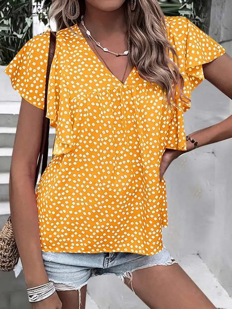 

ZANZEA 2023 Summer Loose Shirt V-neck Floral Printed Blouses Women Ruffled Sleeve Blusas Beach Fashion Holiday Casual Smock Tops