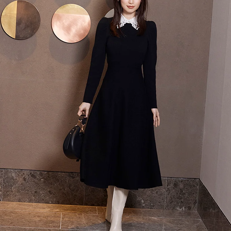 

A GIRLS Japanese Sweet Vestidos 2022 Autumn Winter New Women Robes Solid Detachable Lace Lapel Long Sleeve Slim Knitted Dresses