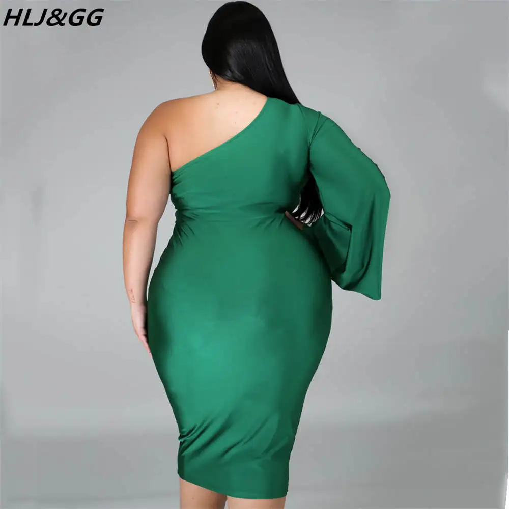 HLJ&GG Elegant Lady Satin One Shoulder Sleeve Party Club Dresses Plus Size Women Clothing 2XL-5XL Fashion Solid Hollow Mid Dress