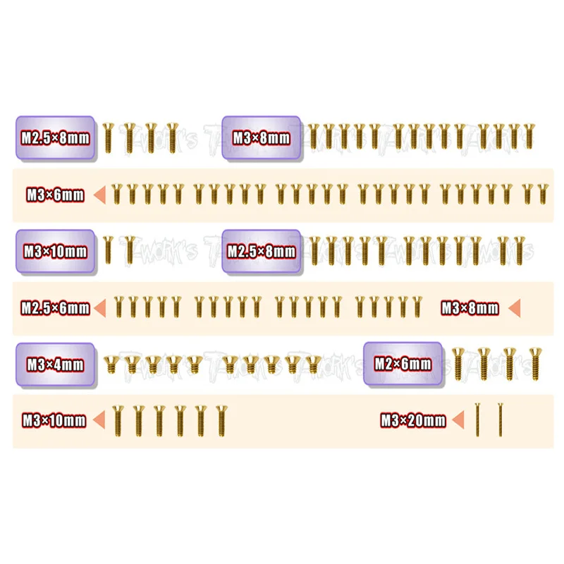 

Original T works GSS-RX10SR3.0 Gold Plated Steel Screw Set 132pcs. ( For DESTINY RX-10SR 3.0 )ssional Rc part