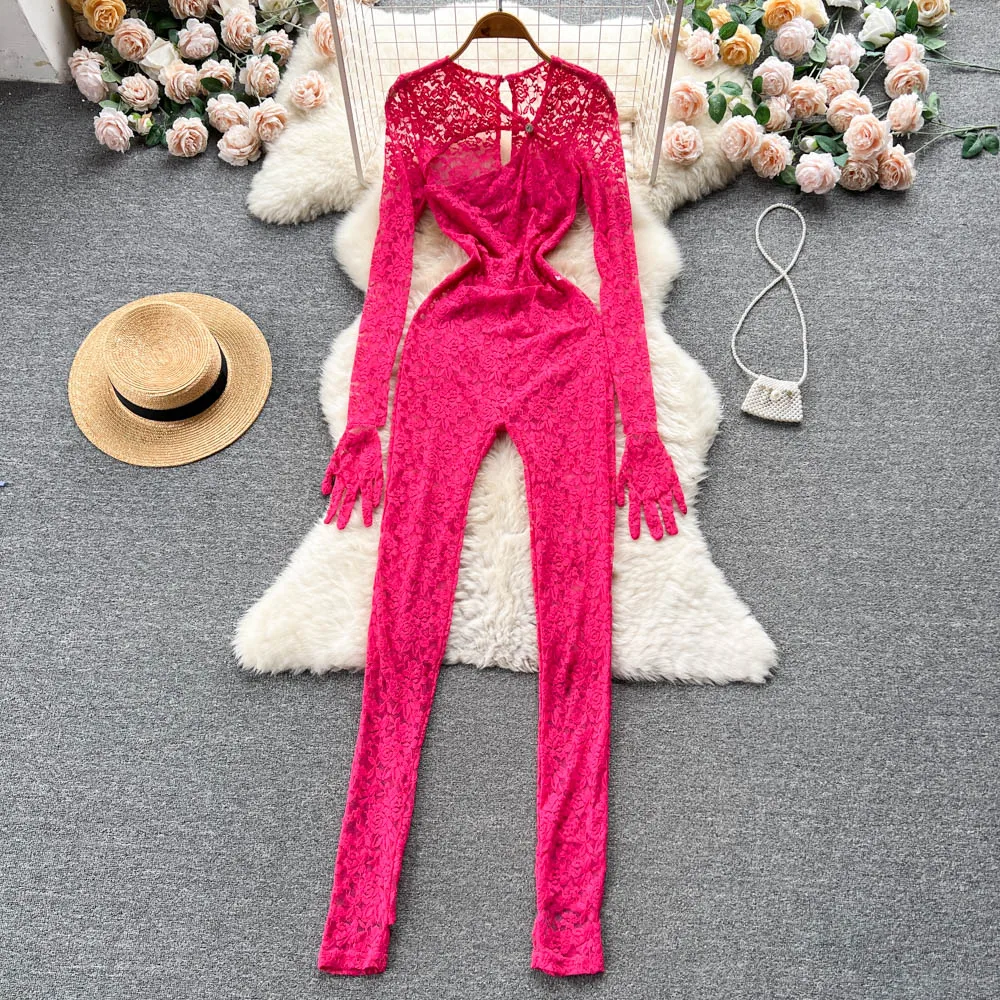 

European and American Style Hot Girl Design Sense of New Fashion Sexy Hollow Slim Long-sleeved Hooked Lace One-piece Long Pants