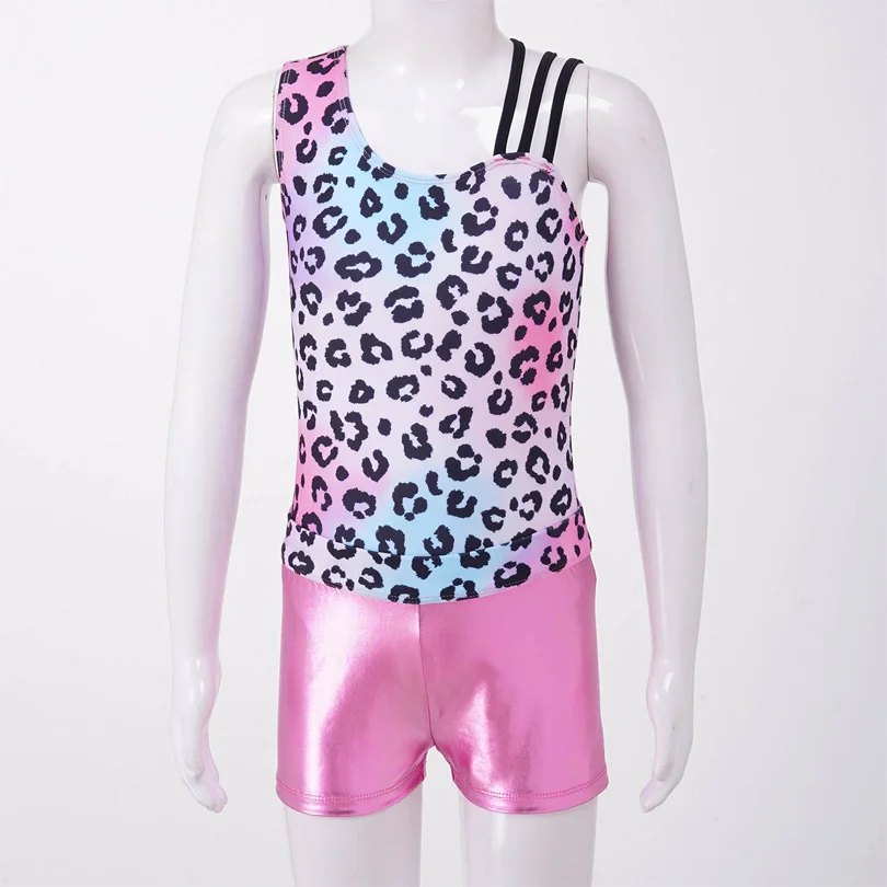 Fashion Kids Girls Printed Gymnastics Ballet Dancer Leotard Dancewear Stretchy Sports Training Gym Yoga Bodysuit with Shorts Set