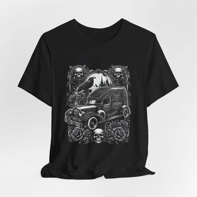 Фото Готическая футболка Hearse с черепами, вороны и темными розами — черно-серая футболка ужасов №5