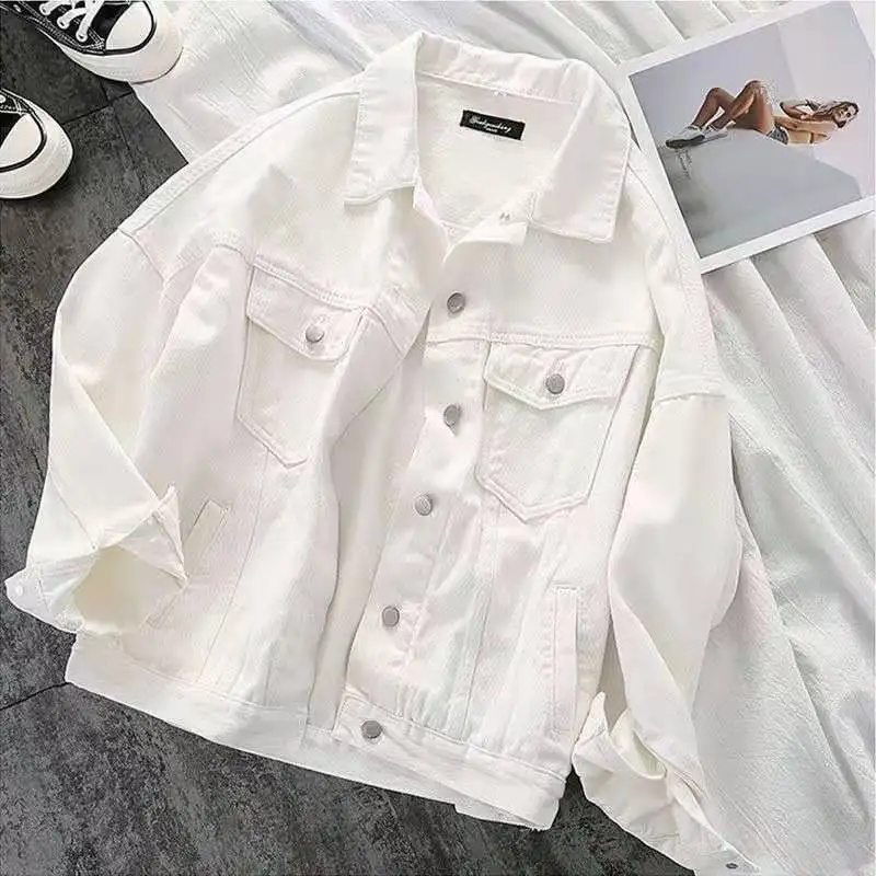 

2022 Spring and Autumn New Single-breasted Denim Korean Jacket Lapel Solid Color Temperament Commuter Cotton Short Jackets