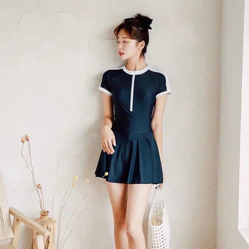 

Swimwear Women Sports Swimsuit One-Piece Boxer Conservative Cover Belly Slimming Student Short-Sleeved Skirt Hot Spring Suits