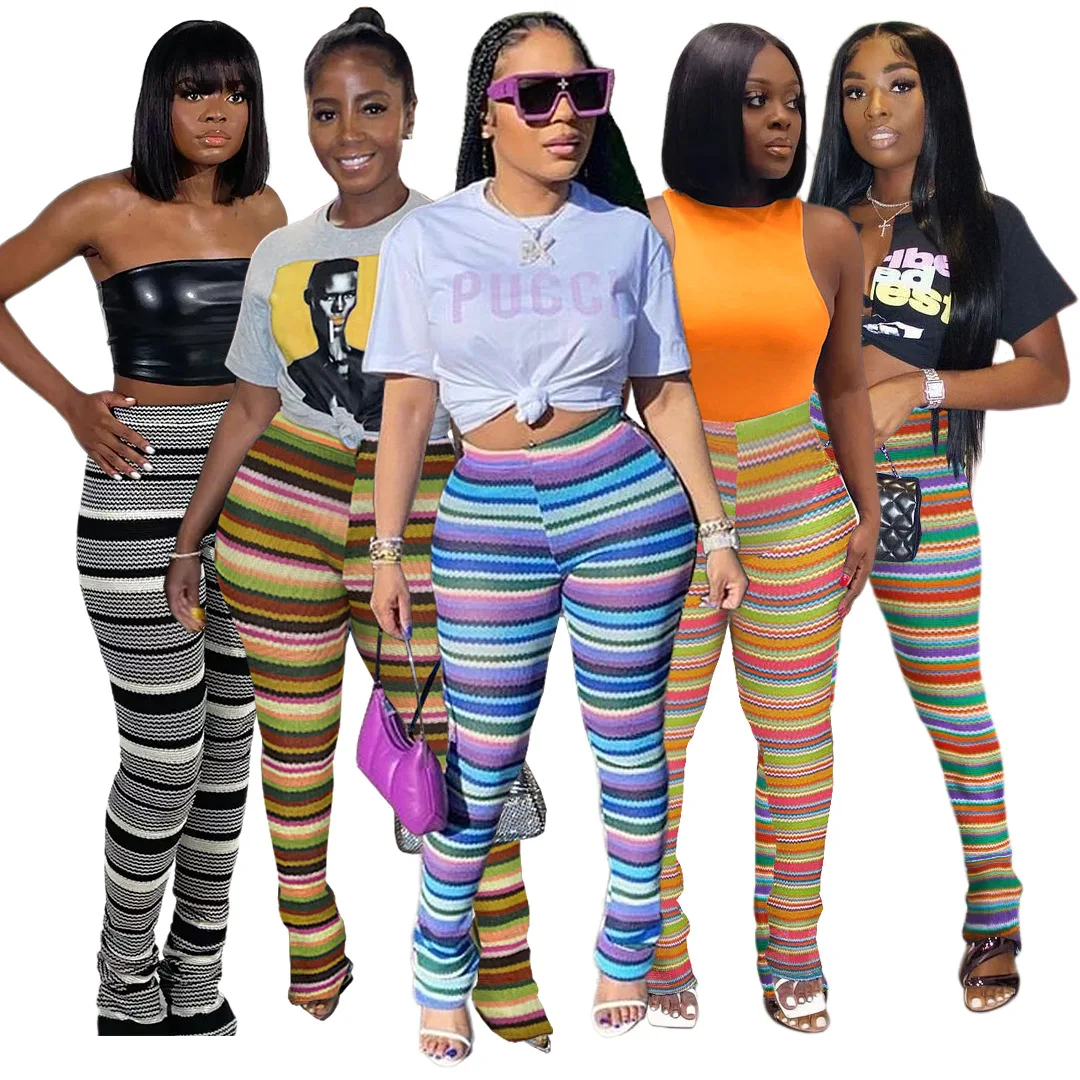 

Vintage Striped Knitted Pants Women 2023 Clothes Fashion Colorful High Waist Stacked Tight Trousers Flared Long Pants Streetwear