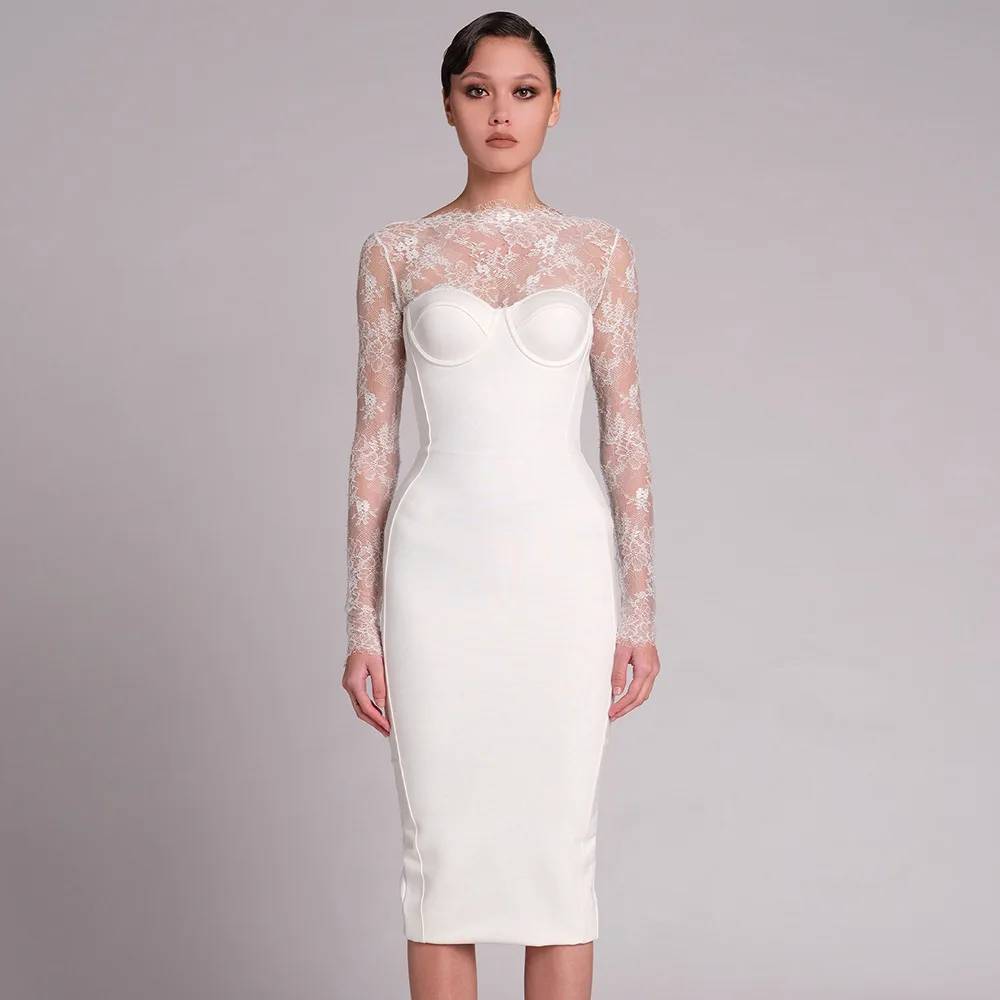 

White Lace Bandage Dress Women Autumn Winter 2023 Sexy Backless Long Sleeve Wrap Hip Party Dresses Fashion Bodycon Outfit BD2421