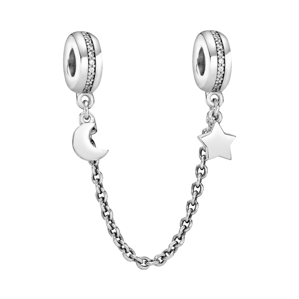

Fits Pandora 925 Sterling Silver Half Moon & Star Safety Chain Charm Elegance DIY Accessories gift for Women