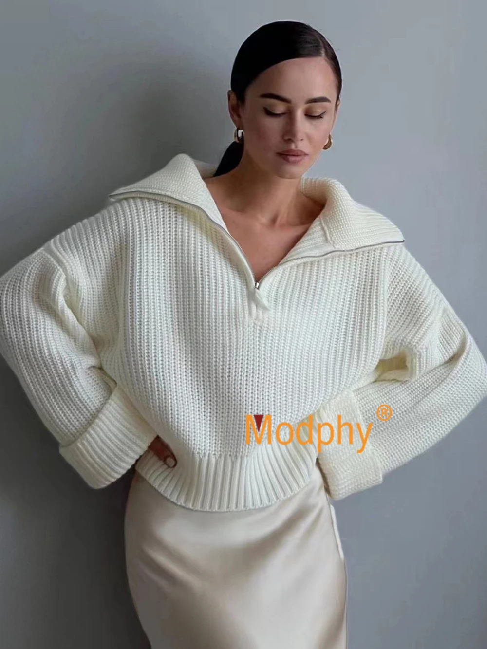 

Women Sweater Oversize Zipper Knitted Pullover Long Sleeve Solid Color Loose Ladies Sweaters Autumn Winter Women's Turtleneck