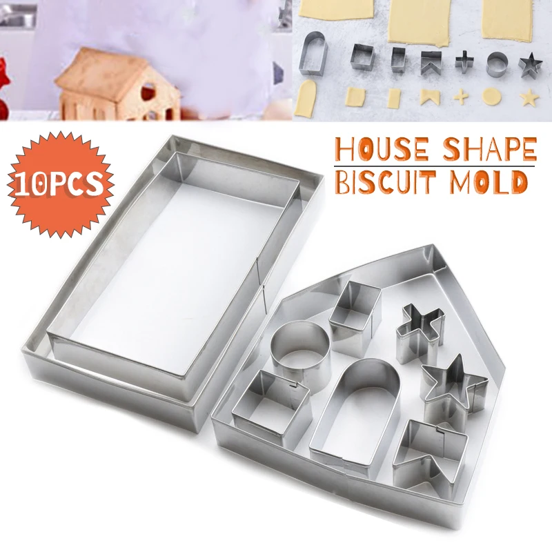 

10PCS Christmas Biscuit Mold Fondant Cake Cutter Mould 3D Gingerbread House Stainless Steel Cookie Cutters Pastry Baking Tool