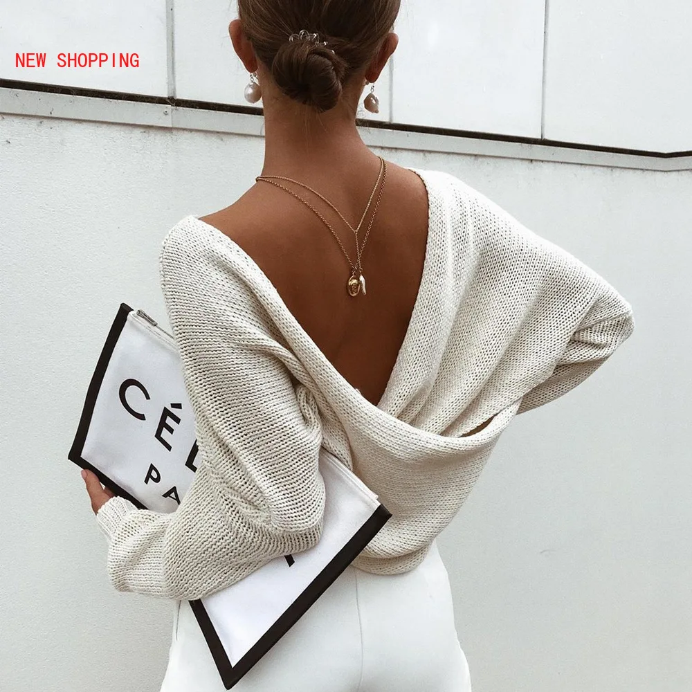 

2021 Autumn Chic Sexy Criss Cross Knitted Sweaters Casual Solid Loose Pullover Women V-Neck Batwing Sleeve Pullovers Top Elegant