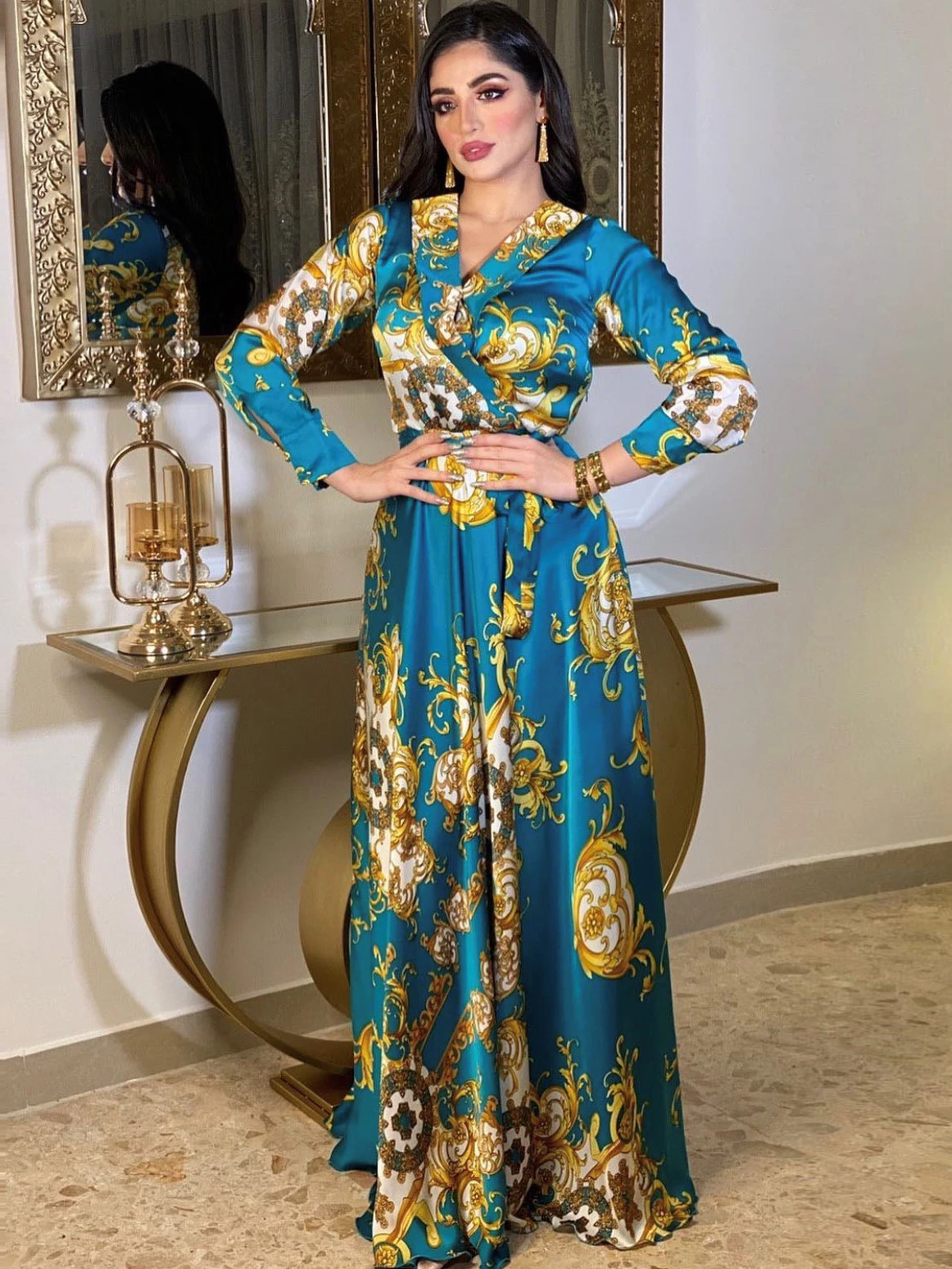 

Spring Dubai Dress Muslim Women Silk India Morocan Dresses Kaftan Print Turkey Dubai Lace-up Abaya Islamic Clothing Vestido