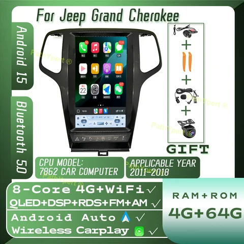Для Jeep Grand Cherokee 2011-2018 13,6 "2 Din Android 15 автомобильный мультимедийный плеер беспроводной Carplay стерео GPS Bluetooth DSP 4G WIFI