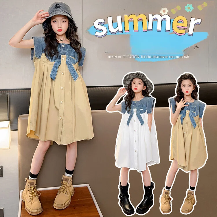 

2023 Girls' Denim Spliced Bow Dress Summer Shirt Dress