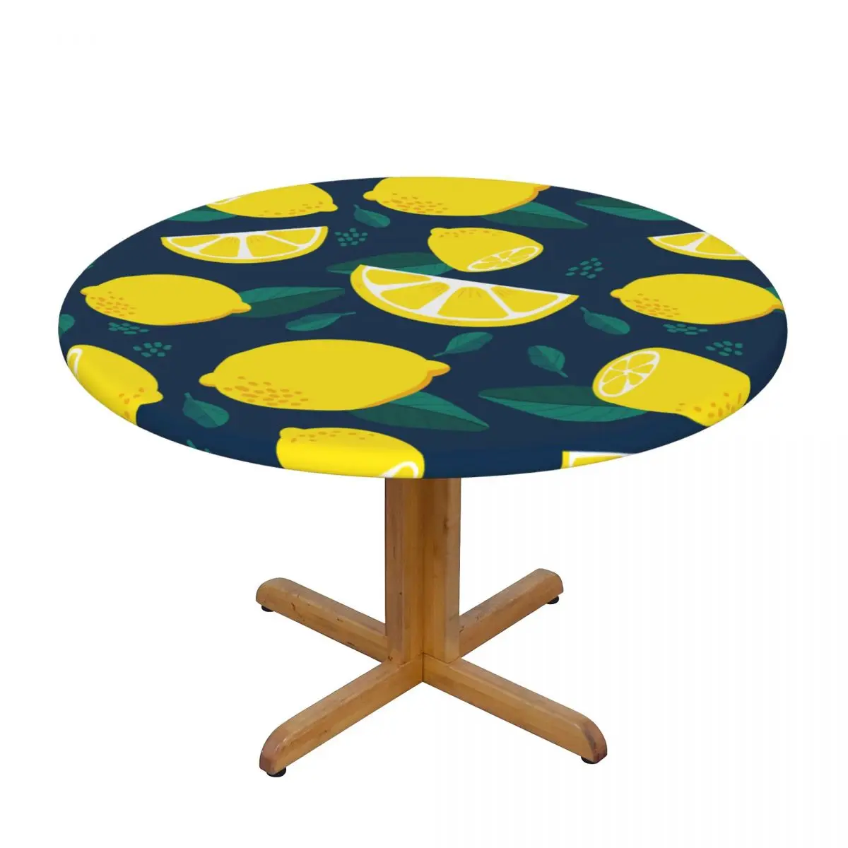 

Round Table Cover Cloth Protector Polyester Tablecloth Lemon And Green Leaves Fitted Table Cover with Elastic Edged