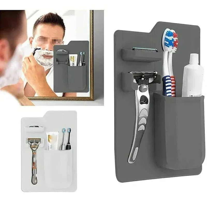 

2023 New Mighty Silicone Rack Wall Mounted Toothbrush Toothpaste Holder Storage Bathroom Accessories Set Organizer Mirror Shower