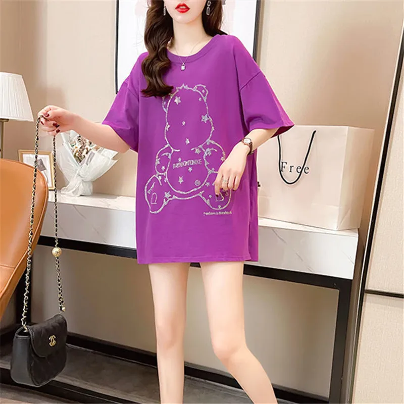 

T-shirt Diamond-studded Summer New Round Neck Cartoon Short-sleeved Split Loose Pullover Simple Fashion Top Women's Clothing 546